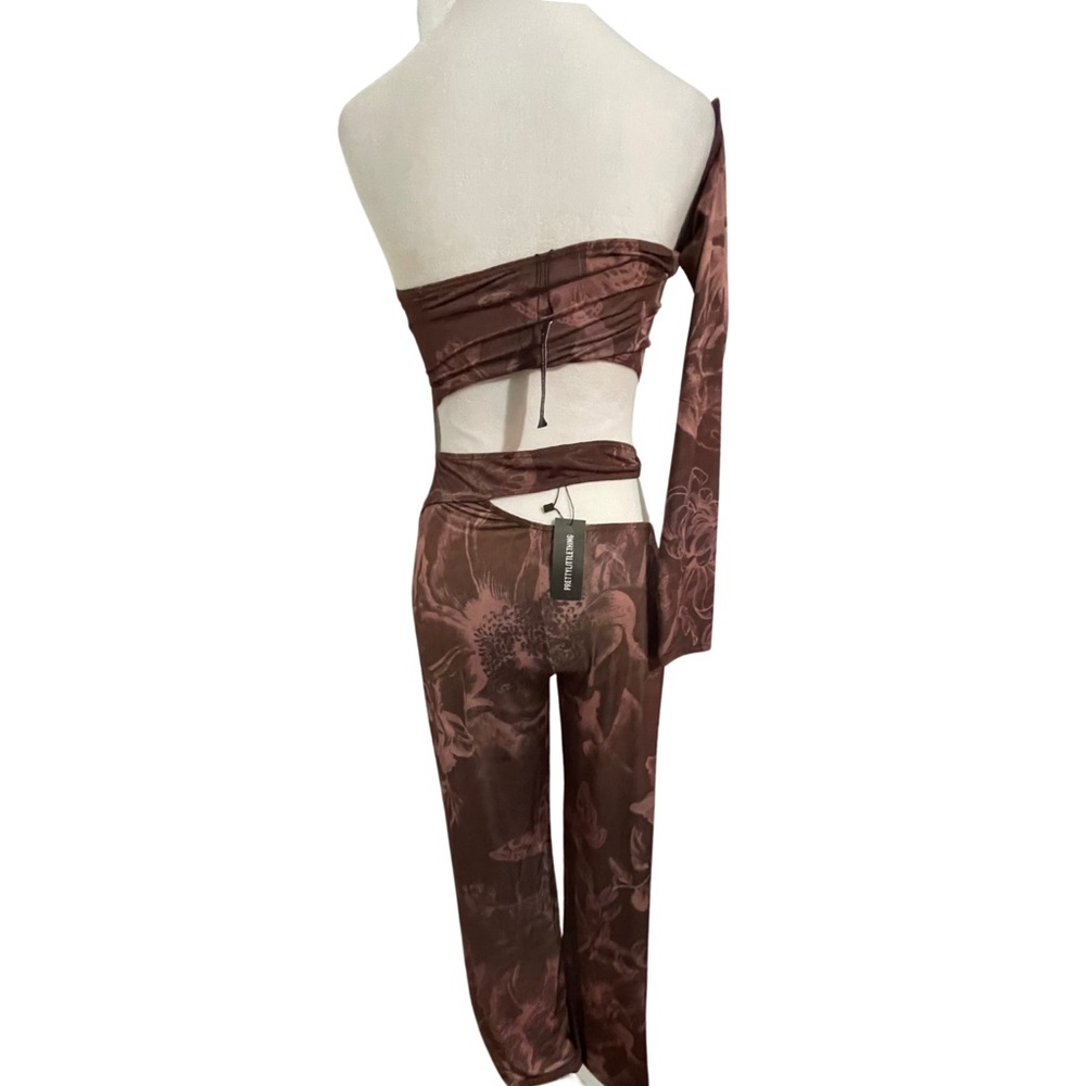 🎀 PLT Chocolate Floral Slinky One Sleeve Crop Top & Pants Set Size 6 - Picture 9 of 15